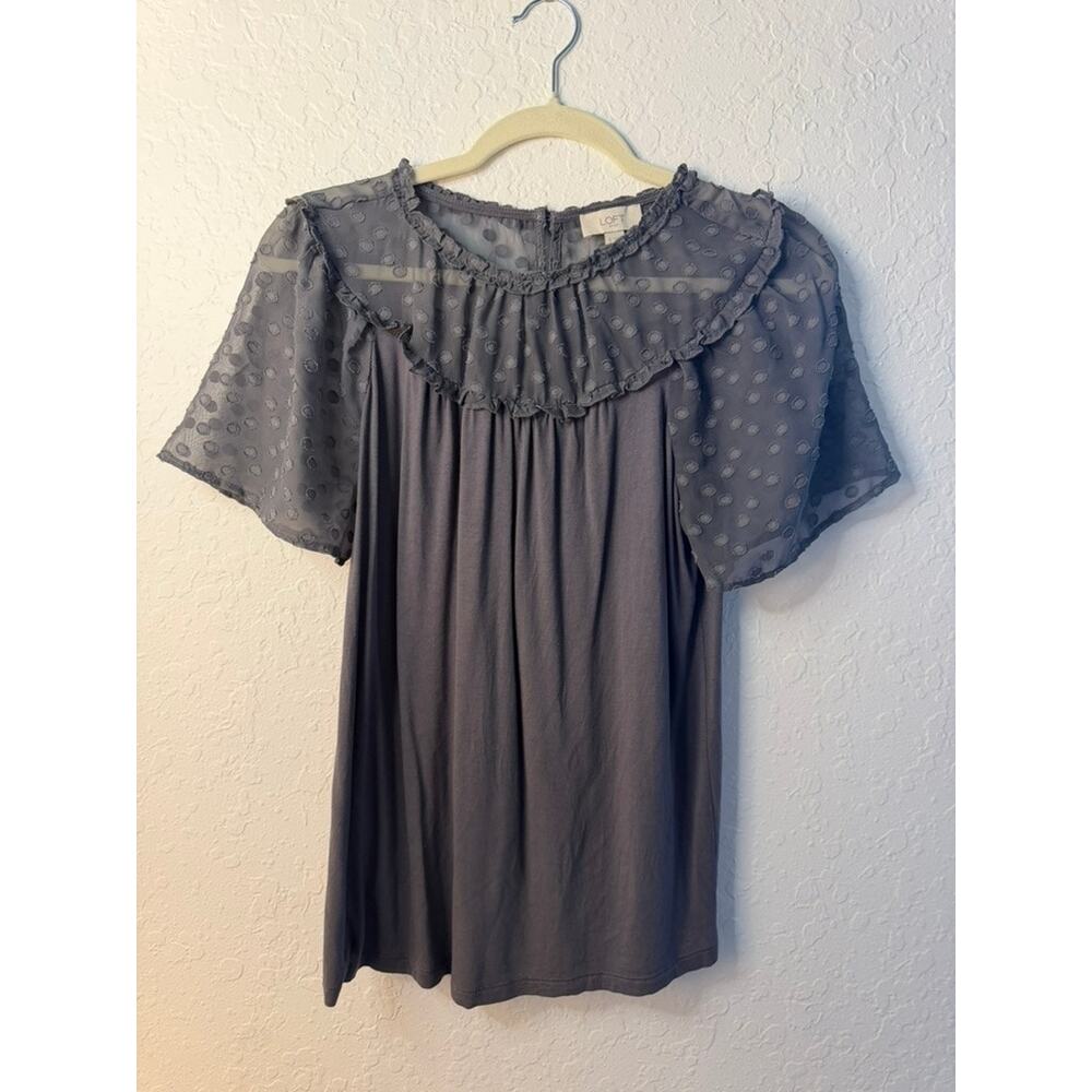 LOFT Outlet Gray Clip Dot Sheer Ruffle Yoke Short Sleeve Blouse Top Size S